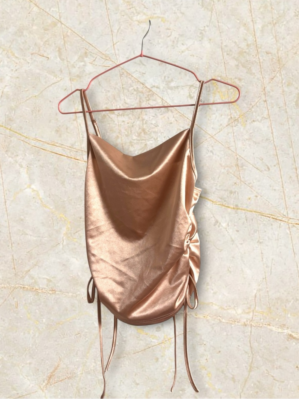 ✨MIX&MATCH: 4 FOR $25✨ ✨ Champagne Satin Ruched Cami | Side Tie - Picture 3 of 5